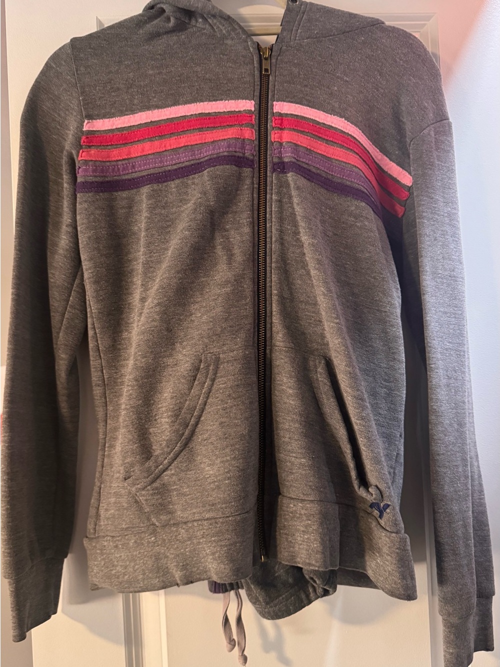 Aviator Nation Gray Zip Hoodie with Pink & Purple Stripe Detail